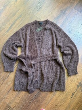 NWT Express Brown Fuzzy Belted Cardigan Sweater Medium